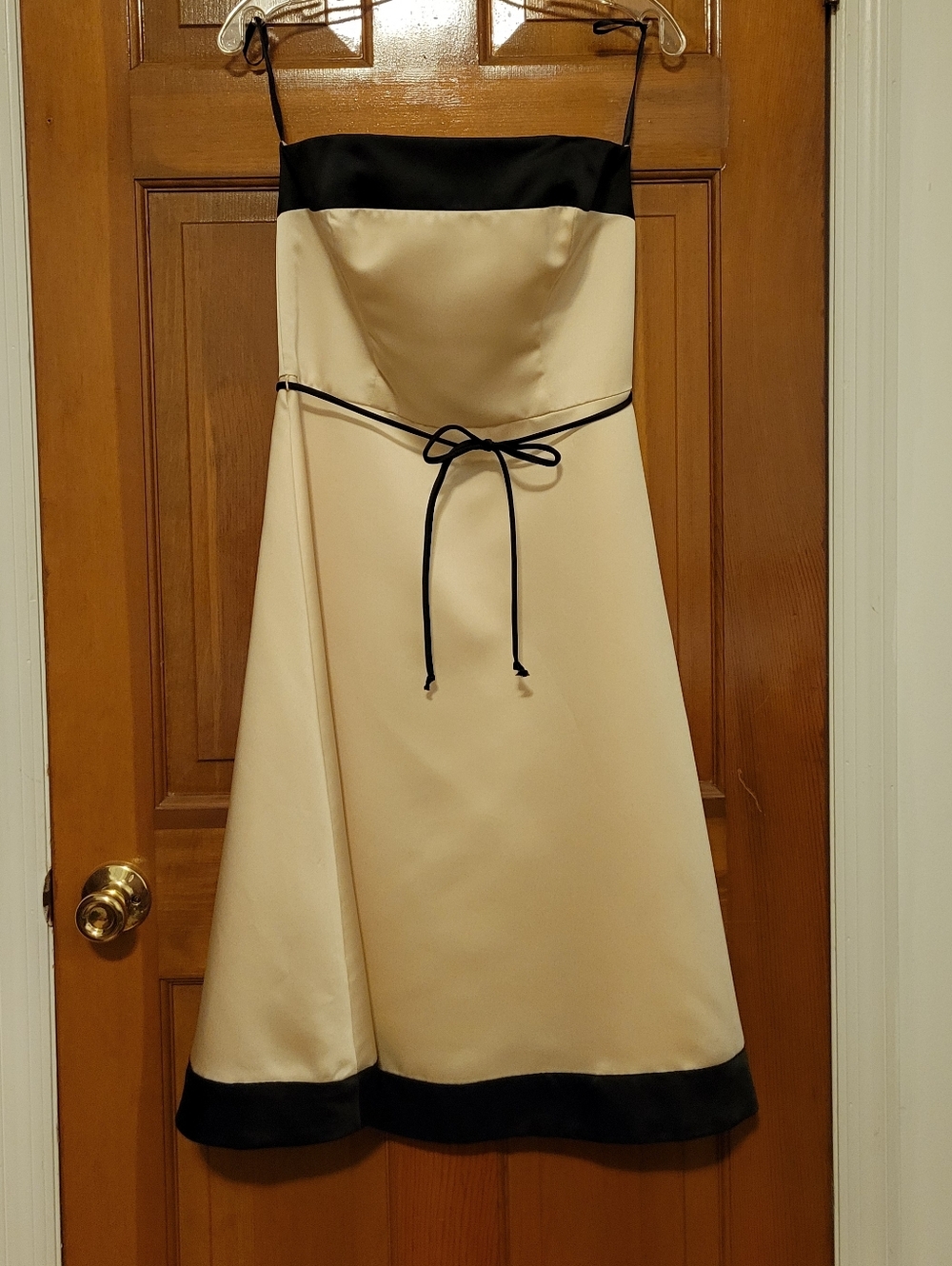 White House Black Market Satin Strapless Dress in Champagne with Black Trim